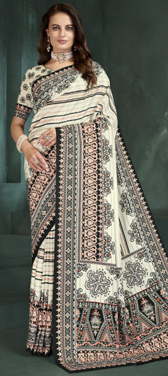 White and Off White color Saree in Crepe Silk fabric with Digital Print, Foil Print work