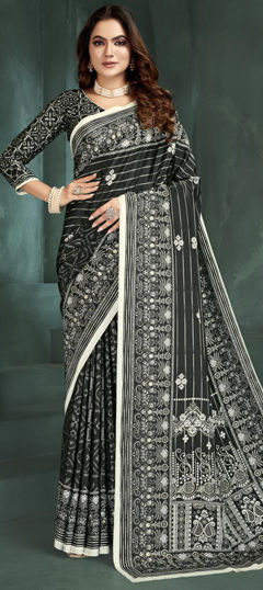 Black and Grey color Saree in Crepe Silk fabric with Digital Print, Foil Print work