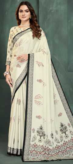 White and Off White color Saree in Crepe Silk fabric with Digital Print, Foil Print work