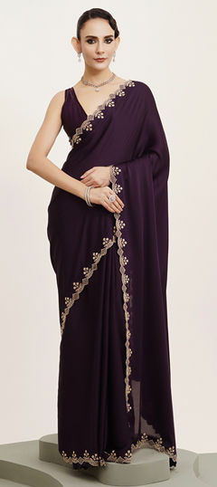 Purple and Violet color Saree in Satin Silk fabric with Bugle Beads, Stone work