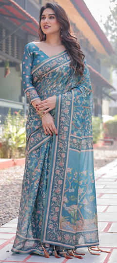 Blue color Saree in Cotton fabric with Printed work