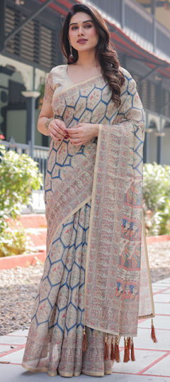 Beige and Brown color Saree in Cotton fabric with Printed work