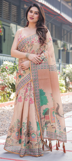 Pink and Majenta color Saree in Cotton fabric with Printed work