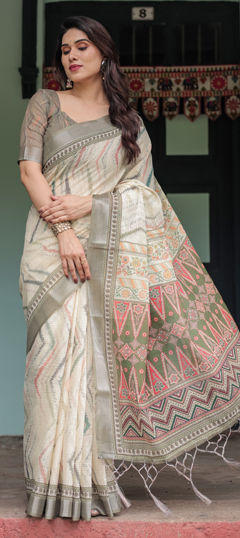 White and Off White color Saree in Linen fabric with Printed work