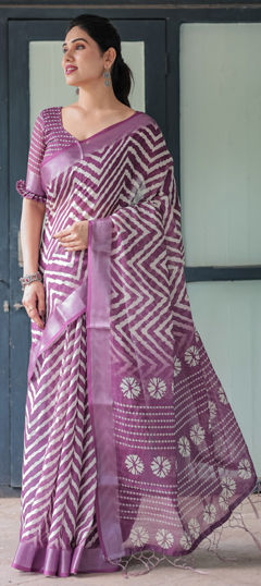 Purple and Violet color Saree in Linen fabric with Printed work