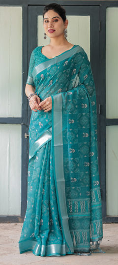 Blue color Saree in Linen fabric with Printed work