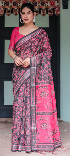 Pink and Majenta color Saree in Linen fabric with Printed work