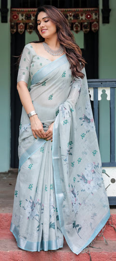 Black and Grey color Saree in Linen fabric with Floral, Printed work