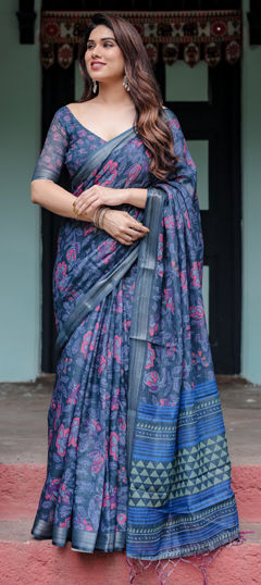 Blue color Saree in Linen fabric with Floral, Printed work
