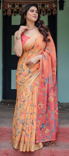 Orange color Saree in Linen fabric with Floral, Printed work