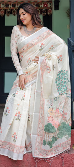White and Off White color Saree in Linen fabric with Floral, Printed work