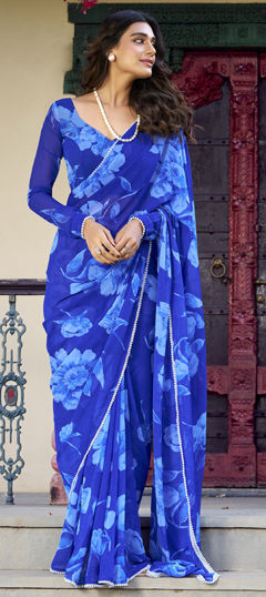 Blue color Saree in Chiffon fabric with Floral, Lace, Printed work