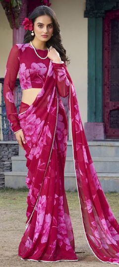 Pink and Majenta color Saree in Chiffon fabric with Floral, Lace, Printed work