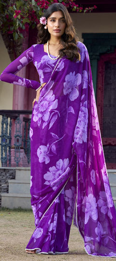 Purple and Violet color Saree in Chiffon fabric with Floral, Lace, Printed work