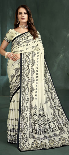 Black and Grey, White and Off White color Saree in Crepe Silk fabric with Digital Print, Foil Print work