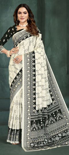Black and Grey, White and Off White color Saree in Crepe Silk fabric with Digital Print, Foil Print work