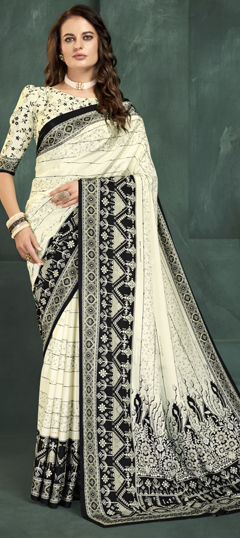 Black and Grey, White and Off White color Saree in Crepe Silk fabric with Digital Print, Foil Print work
