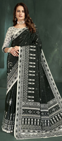 Black and Grey, White and Off White color Saree in Crepe Silk fabric with Digital Print, Foil Print work