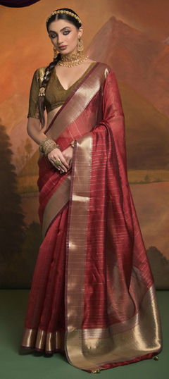 Red and Maroon color Saree in Silk fabric with Weaving work