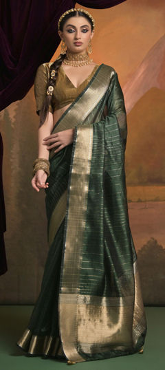 Green color Saree in Silk fabric with Weaving work