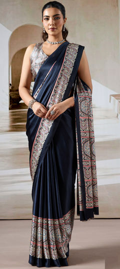 Blue color Saree in Satin Silk fabric with Printed work