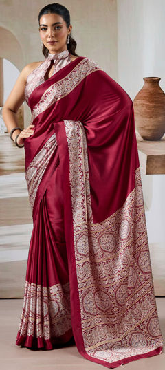 Red and Maroon color Saree in Satin Silk fabric with Printed work