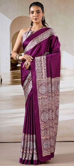 Pink and Majenta color Saree in Satin Silk fabric with Printed work