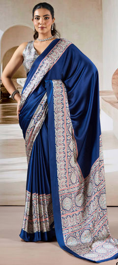 Blue color Saree in Satin Silk fabric with Printed work