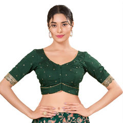 Green color Blouse in Silk fabric with Thread work