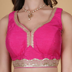 Pink and Majenta color Blouse in Dupion Silk fabric with Lace work