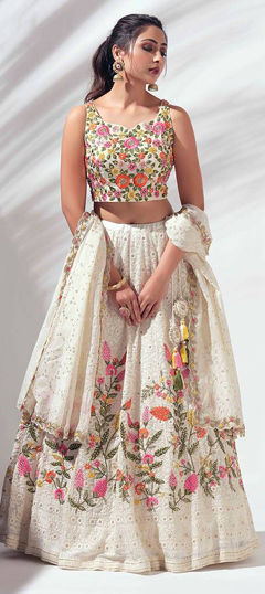 White and Off White color Lehenga in Faux Georgette fabric with Embroidered, Resham, Thread work
