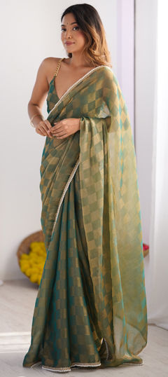 Green color Saree in Faux Chiffon fabric with Lace, Weaving work