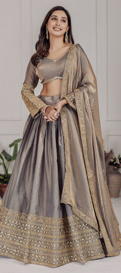 Black and Grey color Lehenga in Crushed Silk fabric with Sequence, Thread, Zari work