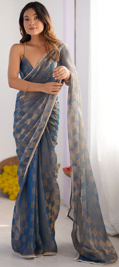 Blue color Saree in Faux Chiffon fabric with Lace, Weaving work