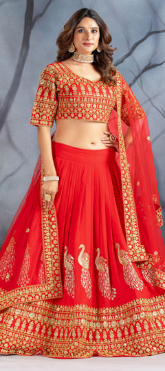 Red and Maroon color Lehenga in Faux Georgette fabric with Embroidered, Sequence, Thread, Zari work