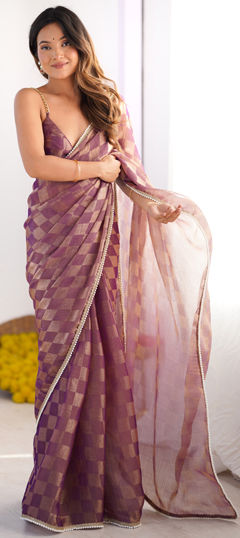 Purple and Violet color Saree in Faux Chiffon fabric with Lace, Weaving work