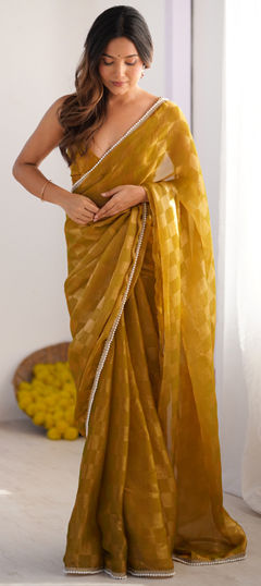 Yellow color Saree in Faux Chiffon fabric with Lace, Weaving work