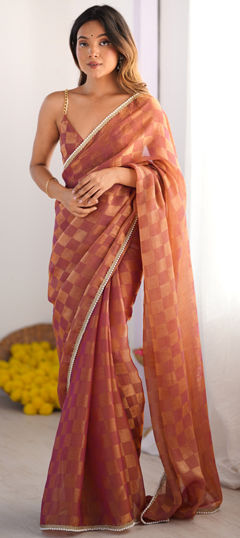 Beige and Brown color Saree in Faux Chiffon fabric with Lace, Weaving work
