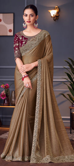 Beige and Brown color Saree in Chiffon fabric with Embroidered, Sequence, Thread, Zari work