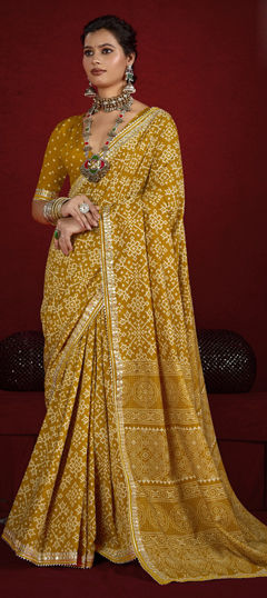 Yellow color Saree in Silk fabric with Lace, Printed work
