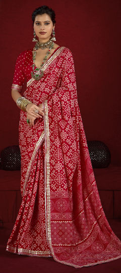Red and Maroon color Saree in Silk fabric with Lace, Printed work