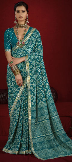 Blue color Saree in Silk fabric with Lace, Printed work