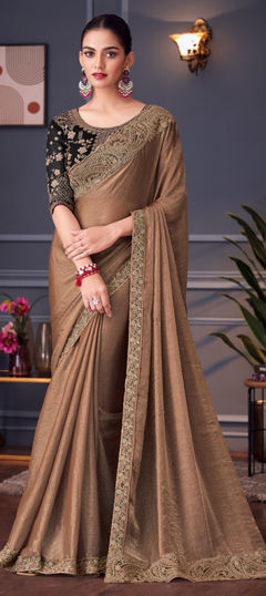 Beige and Brown color Saree in Chiffon fabric with Embroidered, Sequence, Thread, Zari work