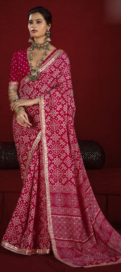 Pink and Majenta color Saree in Silk fabric with Lace, Printed work