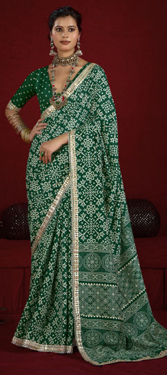 Green color Saree in Silk fabric with Lace, Printed work