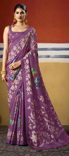 Purple and Violet color Saree in Silk fabric with Printed, Weaving work