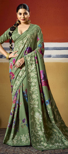 Green color Saree in Silk fabric with Printed, Weaving work