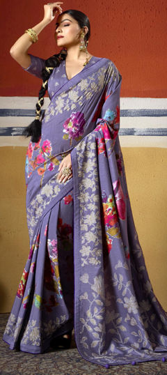 Purple and Violet color Saree in Silk fabric with Printed, Weaving work