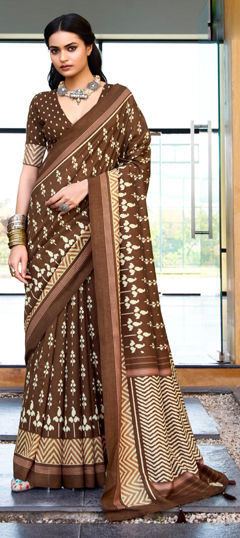 Beige and Brown color Saree in Art Silk fabric with Printed work