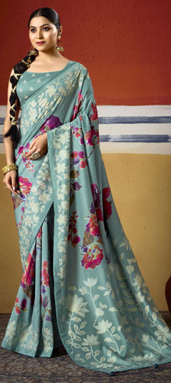 Blue color Saree in Silk fabric with Printed, Weaving work